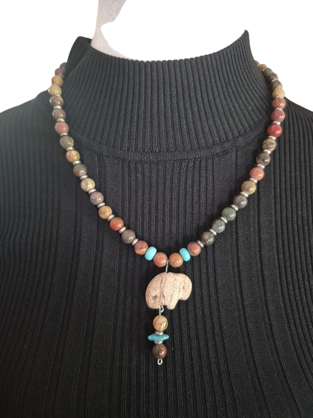 Multicolor Stone Bead Necklace with Turquoise Accents and Carved Buffalo Pendant